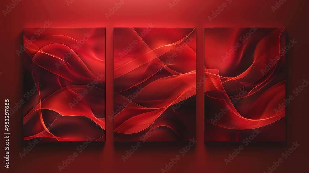Poster craft a set of three high-resolution abstract wall art panels with flowing red textures. focus on cr