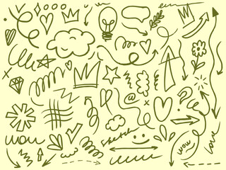 Hand drawn doodles, hearts, stars,  arrows, love symbols, Valentine’s Day elements on a light bcakground. Hand drawn abstract scribbles and squiggles. Chalk. Charcoal graffiti doodle. 