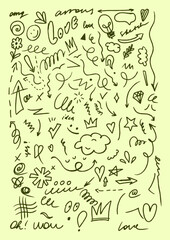 Hand drawn doodles, hearts, stars,  arrows, love symbols, Valentine’s Day elements on a light bcakground. Hand drawn abstract scribbles and squiggles. Chalk. Charcoal graffiti doodle. 