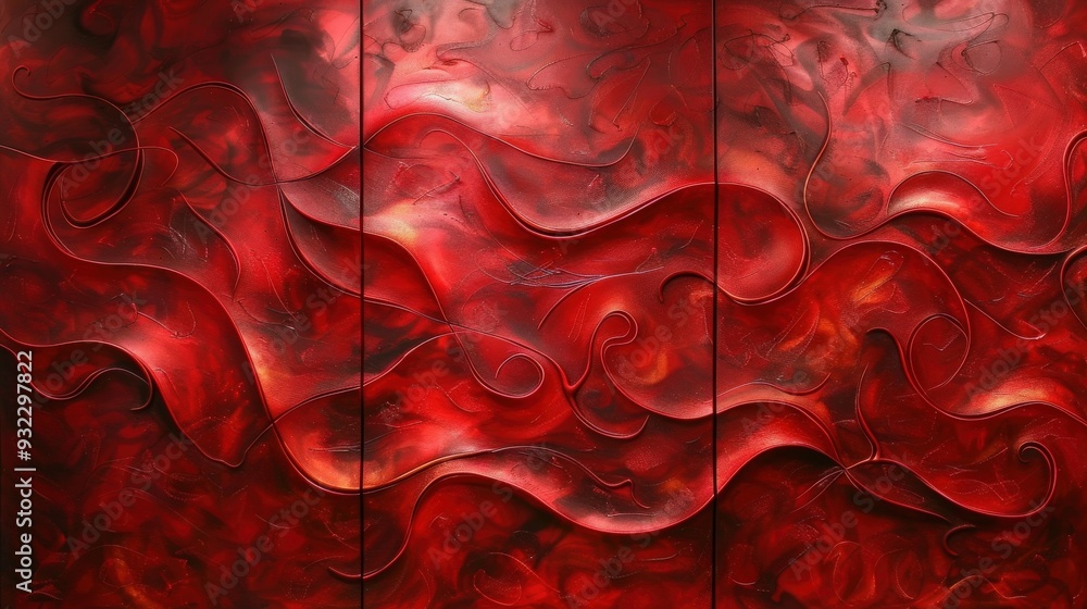 Poster produce a triptych of abstract wall art with vibrant red textures. ensure the flowing red patterns a