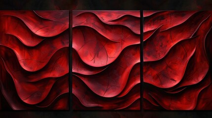 Create a set of three abstract wall art panels featuring vibrant red flowing textures. Each panel should display a dynamic and rich texture with fluid, vivid red patterns