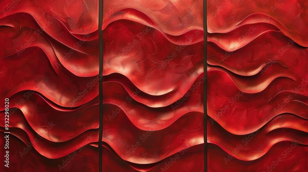 Poster create a set of three abstract wall art panels featuring vibrant red flowing textures. each panel sh