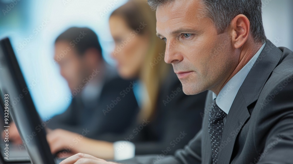 Poster a man in a suit is typing on a computer