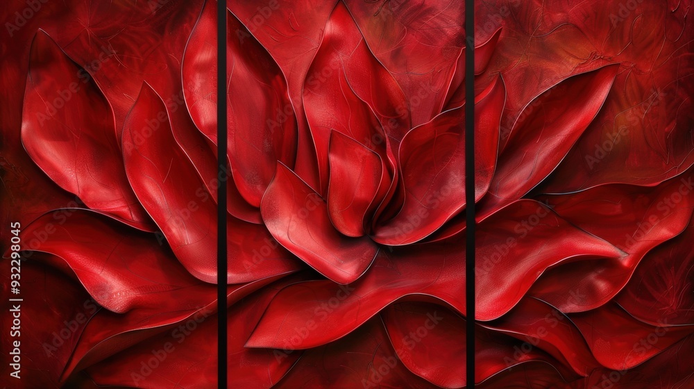 Aufkleber design a triptych of abstract wall art panels showcasing vibrant red flowing textures. ensure each p