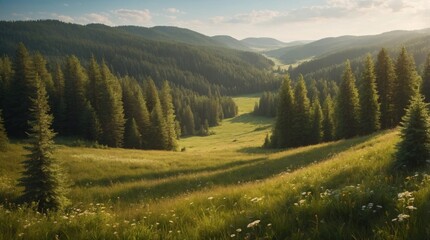 Wallpaper illustration of the sun stretching over meadows and mountains