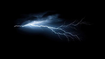 A brilliant lightning strike fractures the night sky, creating a captivating contrast against the dark backdrop with a grainy texture from the film used