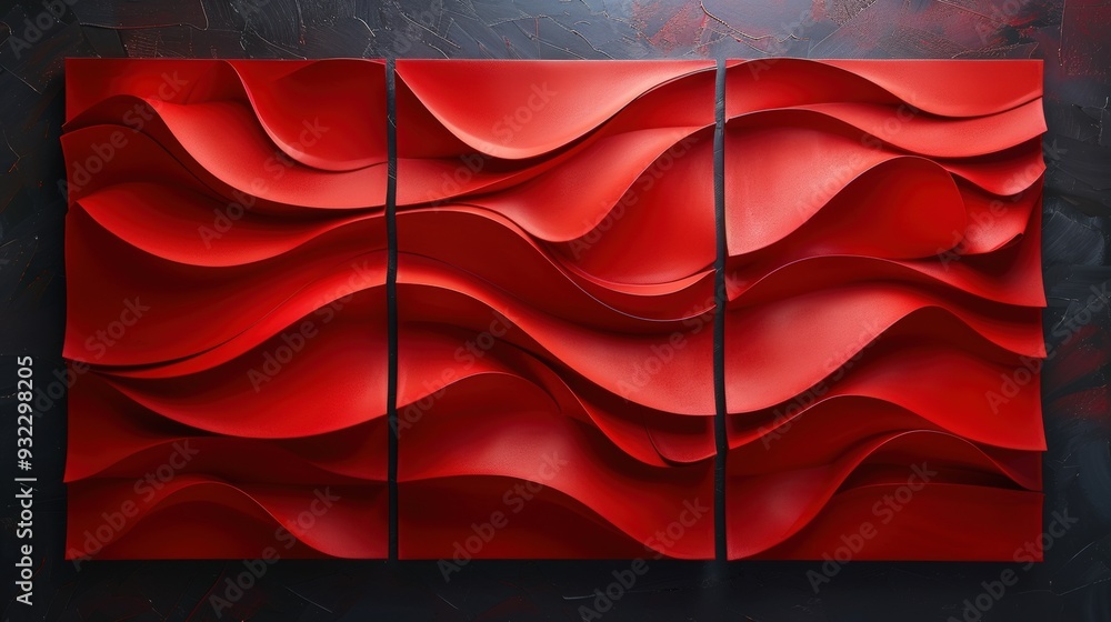 Poster craft an abstract triptych of wall art panels with vibrant red textures in flowing patterns. each pa