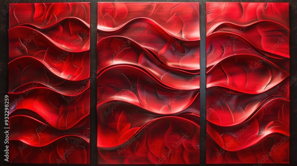 Poster craft an abstract triptych of wall art panels with vibrant red textures in flowing patterns. each pa