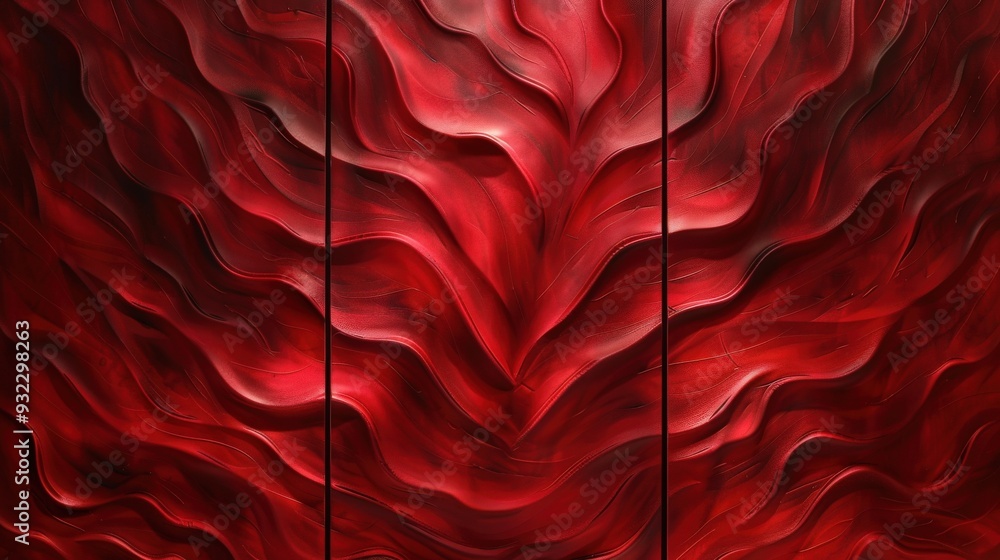 Poster generate a high-resolution set of three abstract wall art panels with vibrant red flowing textures. 