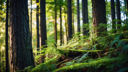 Lush green forest floor with ferns and moss-covered ground, surrounded by tall trees bathed in gentle sunlight.