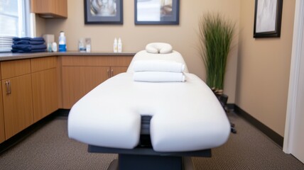 A massage table with a few towels on it