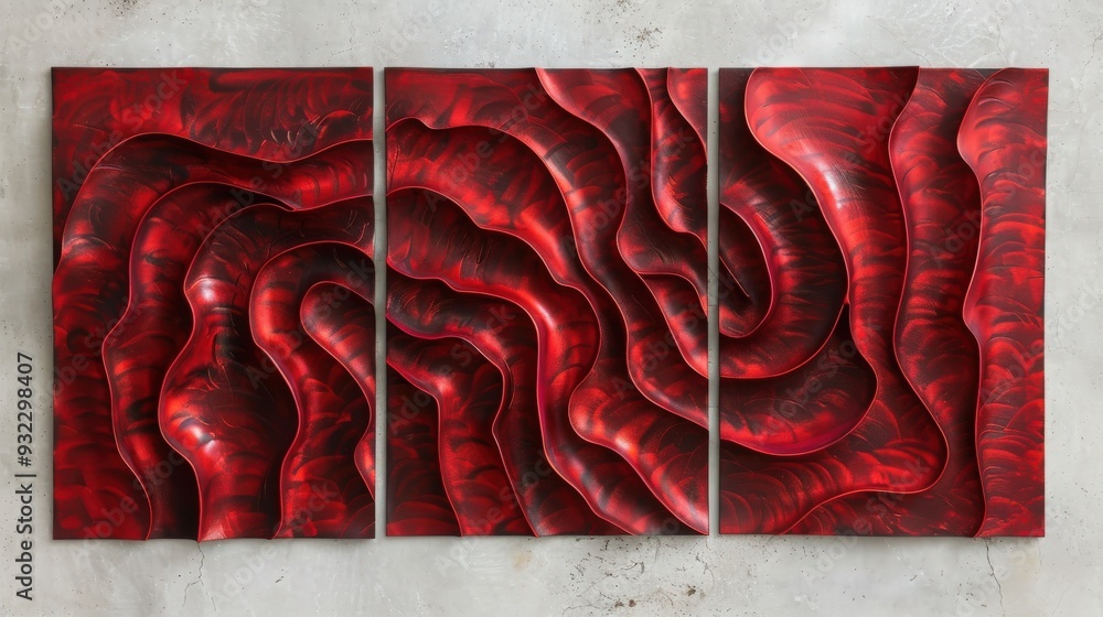 Poster produce a set of three abstract wall art panels featuring vivid red flowing textures. focus on creat