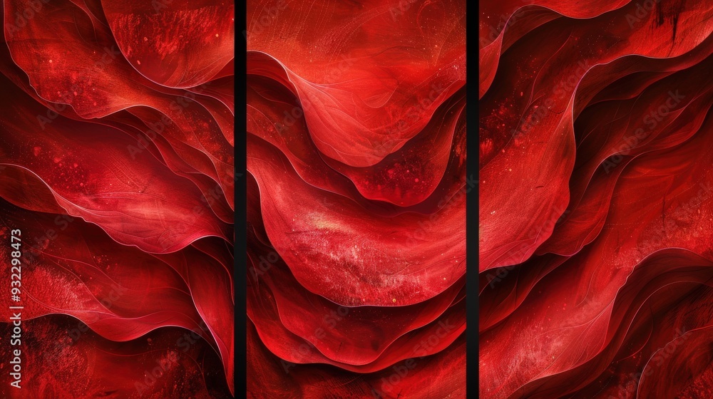 Poster create a high-resolution triptych with vibrant red flowing textures. each panel should highlight dif
