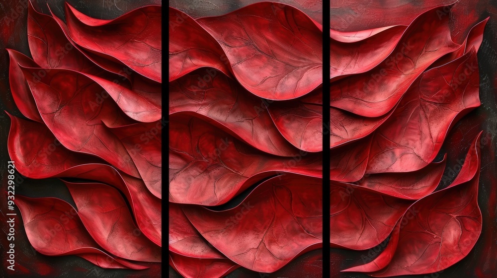 Poster create a high-resolution triptych with vibrant red flowing textures. each panel should highlight dif