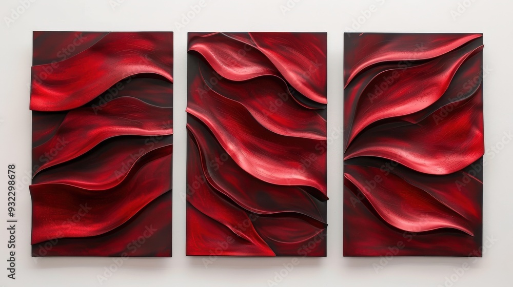 Poster design a set of three abstract wall art panels with flowing red textures. ensure the textures are vi
