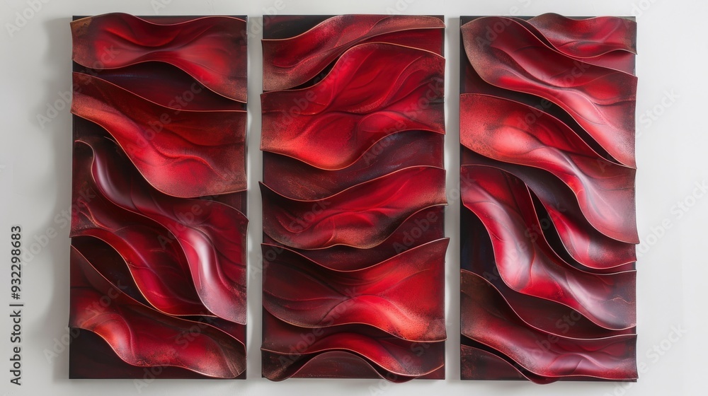 Poster design a set of three abstract wall art panels with flowing red textures. ensure the textures are vi