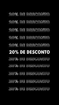 V&iacute;deo com a express&atilde;o "20% de desconto" em branco sobre fundo preto, com efeito glitch e multiplica&ccedil;&atilde;o vertical.