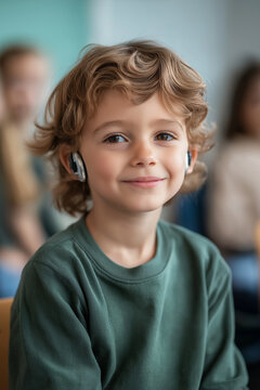 A deaf boy wearing A Hearing Aids And Cochlear Implants, a yellow sweater is sitting in a classroom