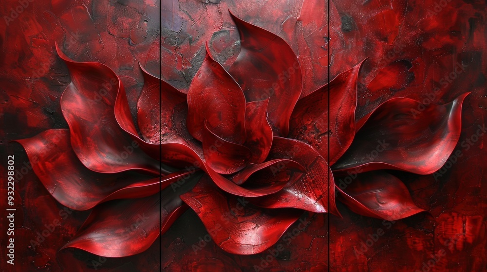 Poster generate a triptych of abstract wall art featuring red flowing textures. each panel should have its 