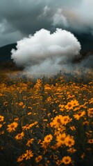 Fototapeta premium a cloud of smoke is floating over a field of yellow flowers