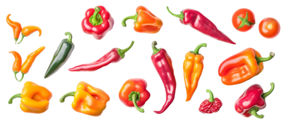 Set of isolated yellow, red, green, orange, pointed and bell peppers. on transparent background. cut elements, designs. Top view high quality PNG. design elements, top view  flat lay.