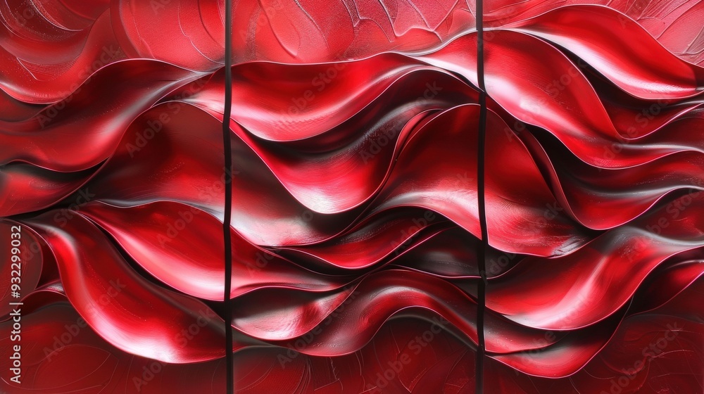 Poster create a triptych of vibrant red flowing textures for abstract wall art. each panel should feature f