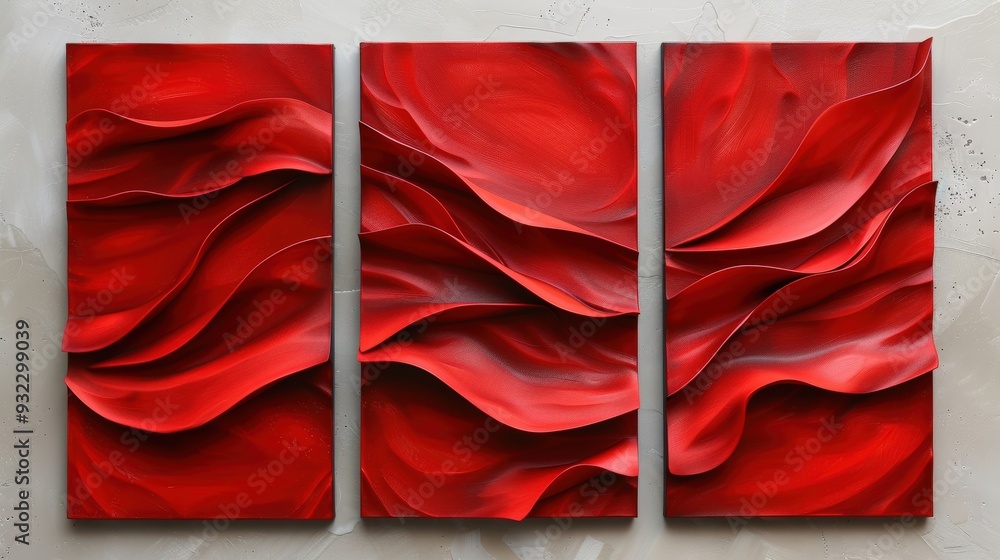 Poster create a triptych of vibrant red flowing textures for abstract wall art. each panel should feature f