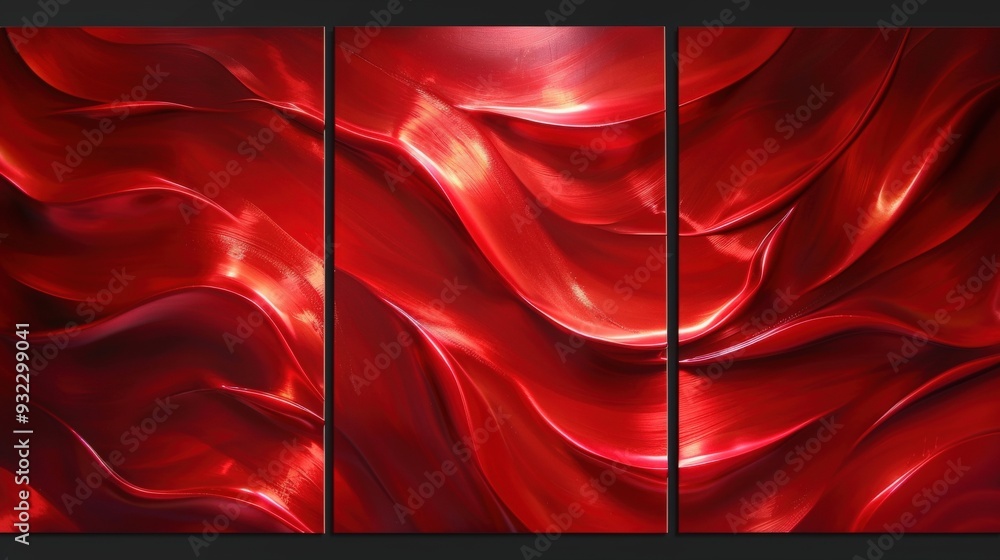 Poster create a triptych of vibrant red flowing textures for abstract wall art. each panel should feature f