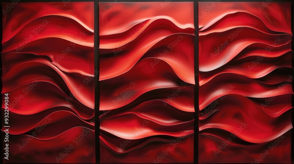Poster design a set of three abstract wall art panels with dynamic red textures. ensure the flowing red pat