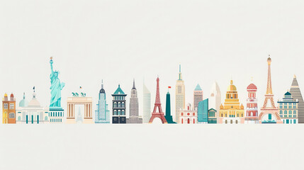 Obraz premium Vector art featuring a lineup of famous landmarks from around the world in a stylized design