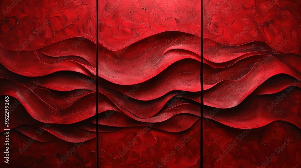 Poster generate a high-resolution triptych featuring vibrant red flowing textures. each panel should offer 