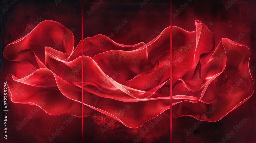 Poster generate a high-resolution triptych featuring vibrant red flowing textures. each panel should offer 