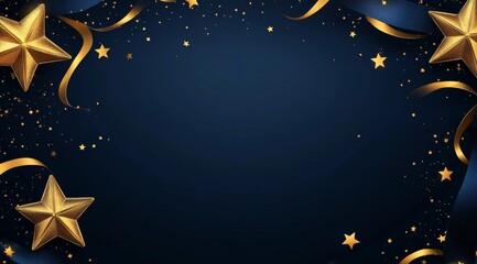 Fototapeta premium Gold Stars and Ribbons on Blue Background Festive Celebration Design