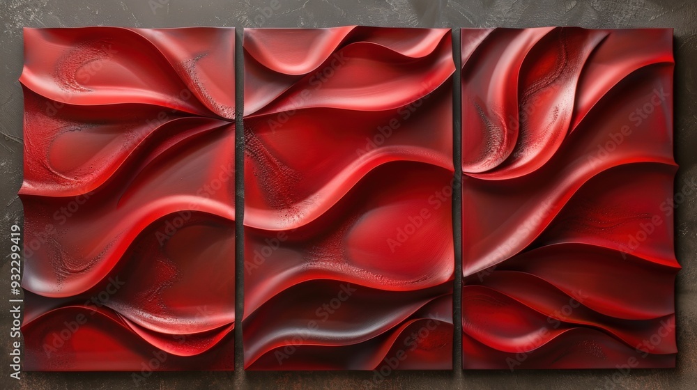 Poster produce a set of three abstract panels with vibrant red flowing textures. each panel should feature 