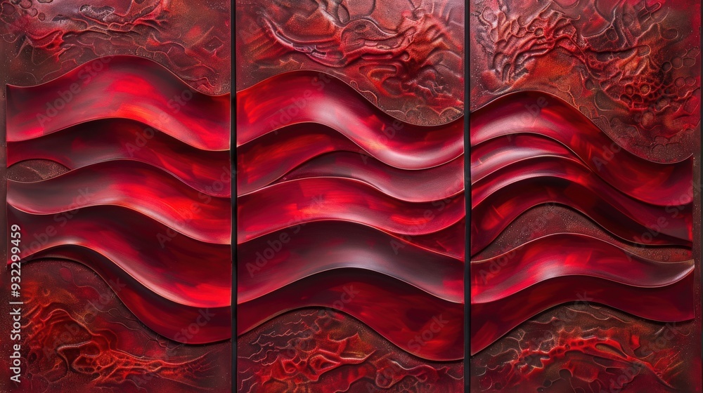 Poster produce a set of three abstract panels with vibrant red flowing textures. each panel should feature 