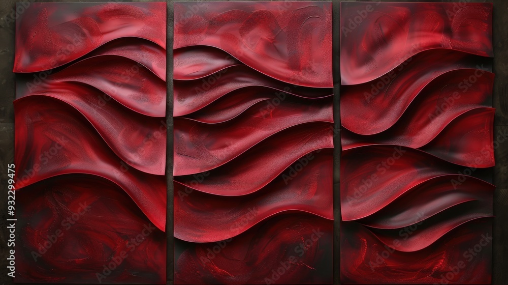 Poster produce a set of three abstract panels with vibrant red flowing textures. each panel should feature 