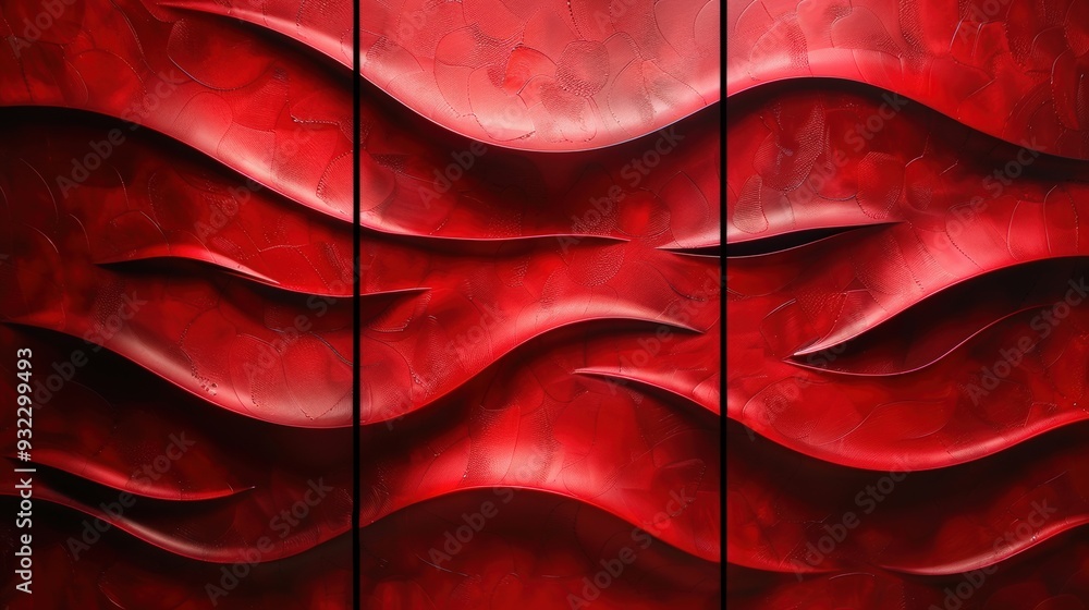 Poster create a high-resolution triptych with vibrant red textures in flowing patterns. each panel should h
