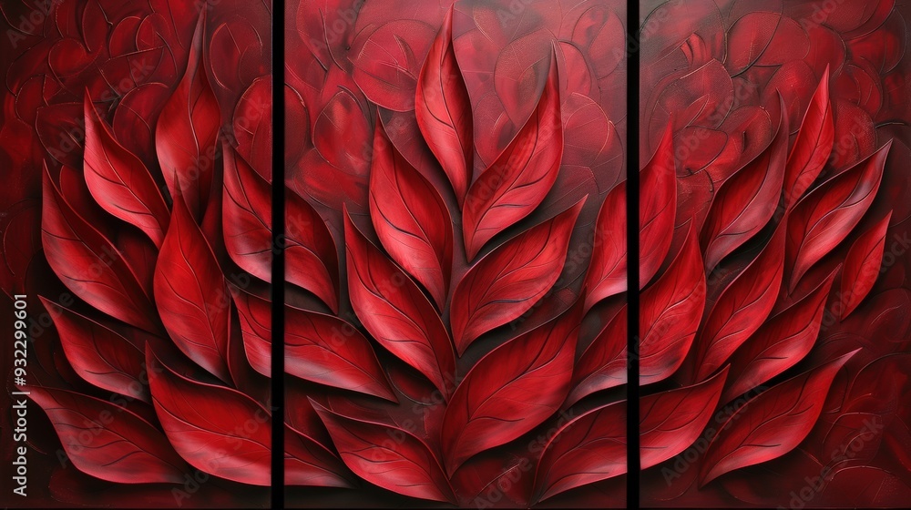 Poster create a high-resolution triptych with vibrant red textures in flowing patterns. each panel should h