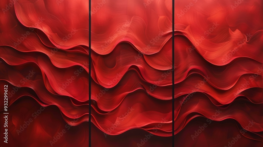 Poster create a high-resolution triptych with vibrant red textures in flowing patterns. each panel should h