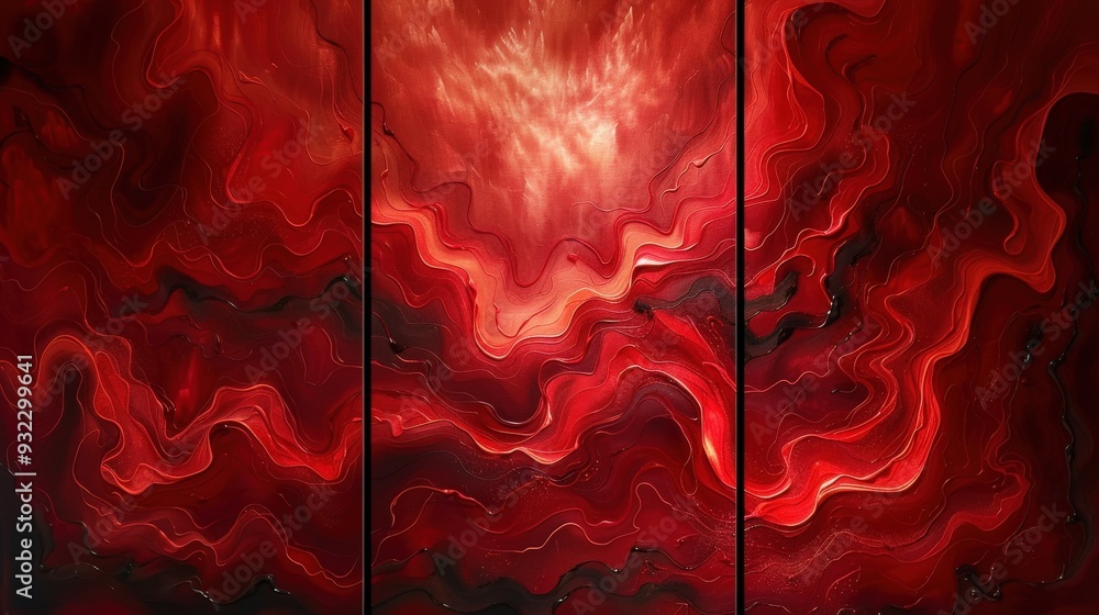 Poster design a set of three vibrant red abstract wall art panels featuring flowing textures. each panel sh
