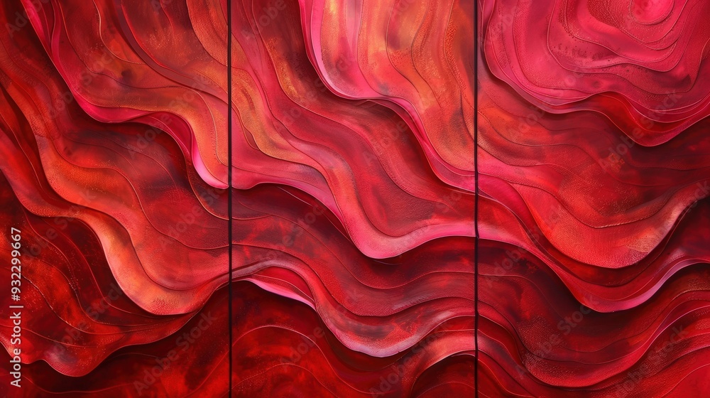 Poster design a set of three vibrant red abstract wall art panels featuring flowing textures. each panel sh