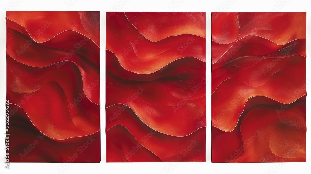 Poster design a set of three vibrant red abstract wall art panels featuring flowing textures. each panel sh
