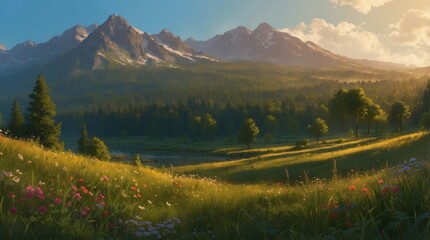 Wallpaper illustration of the sun stretching over meadows and mountains