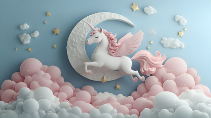 A cute unicorn with pink wings flying over pink and white clouds in a crescent moon.