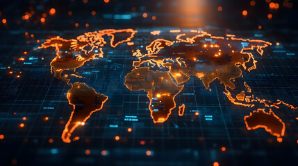 A glowing digital world map with continents highlighted in orange.