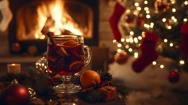 A glass of mulled wine with orange slices and cinnamon stick in front of a fireplace and a Christmas tree with lights.
