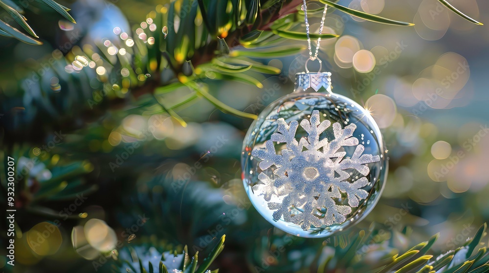 Poster a clear glass ornament with a snowflake design hangs from a evergreen tree branch. the background is