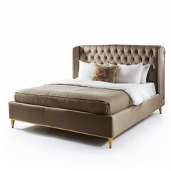 Obraz premium Elegant Upholstered Bed with Tufted Headboard isolated on a white background