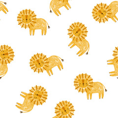 scandinavian safari watercolor lion seamless pattern. Hand drawn kids fabric and textile wild animals design