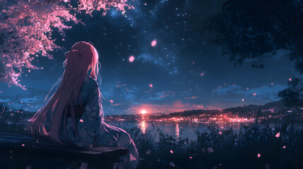 A young woman in a pink kimono sits on a bench under a cherry blossom tree, looking at the night sky over the water.